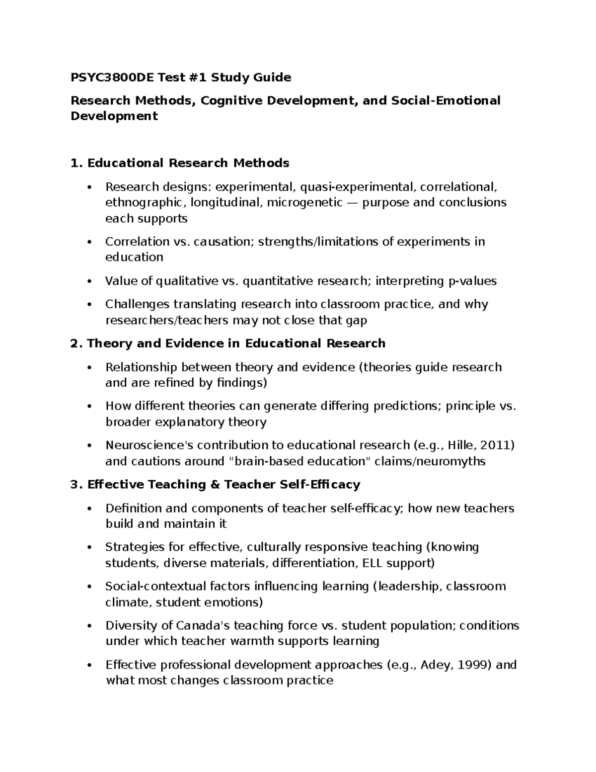 PSYC3800DE Test 1 Study Guide: Research Methods & Cognitive Development ...