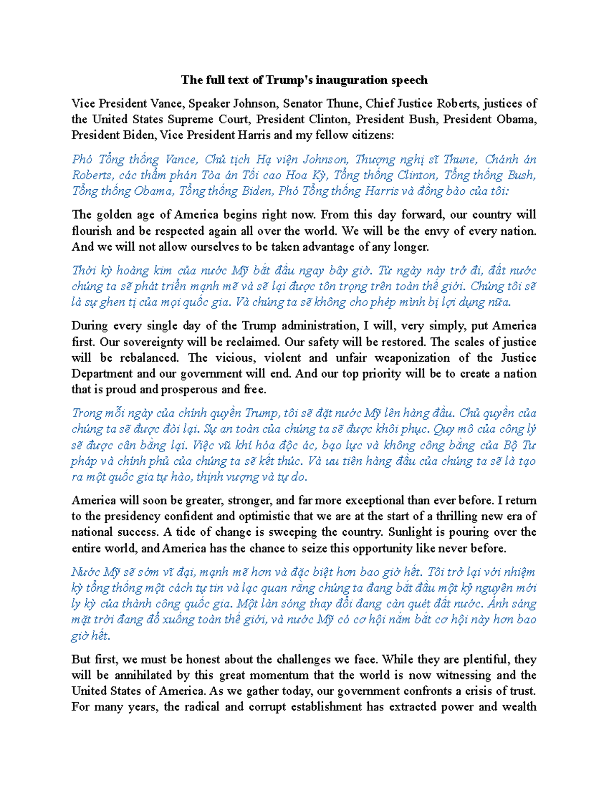 Full Text of Trump's Inauguration Speech - FSGDGD - Studocu