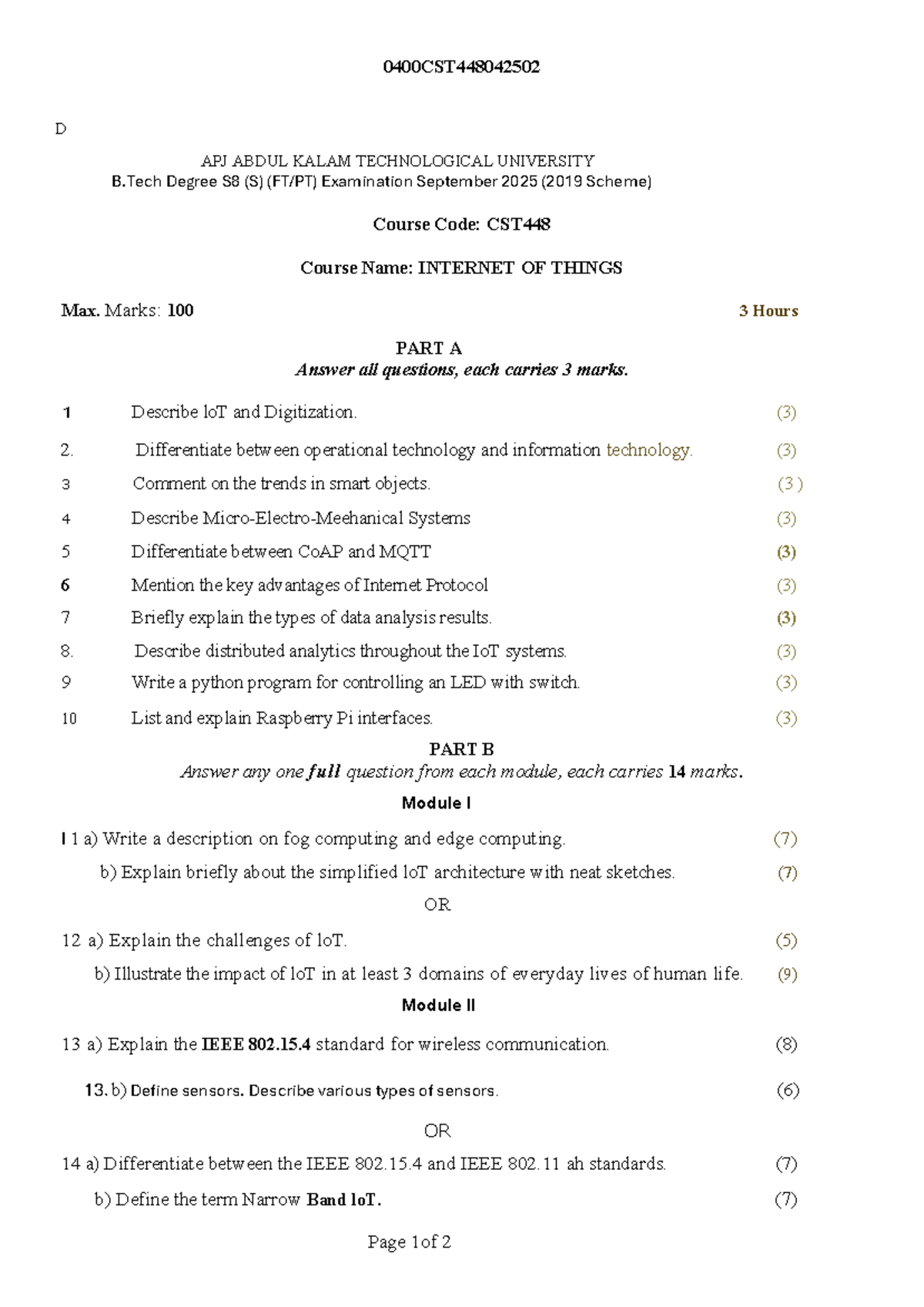 IoT CST448 September 2025 B.Tech Exam Question Paper - Studocu
