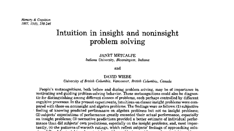 Metcalfe & Wiebe 1987 - Intuition in Insight vs Noninsight Problem ...