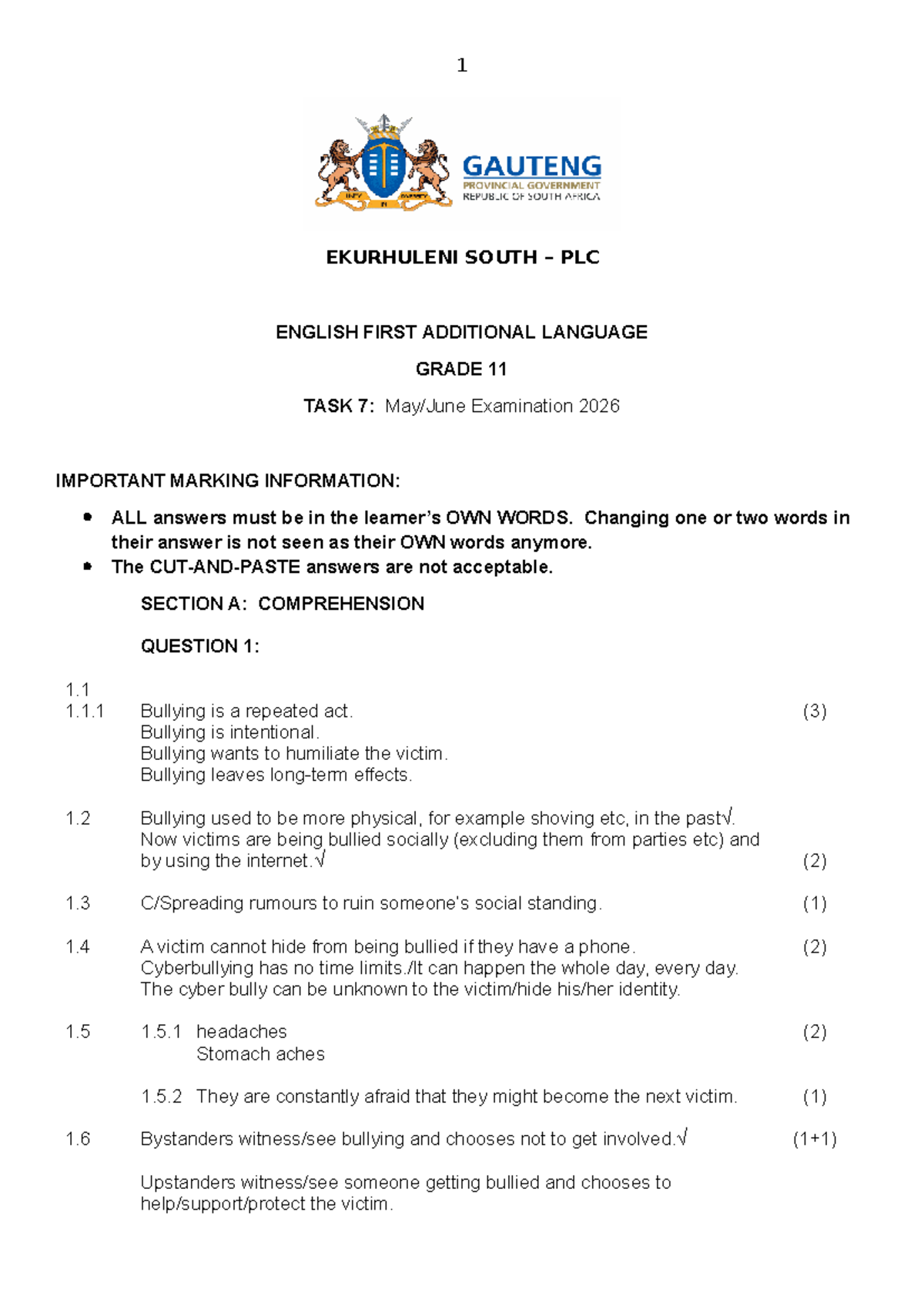 Grade 11 English FAL Exam Paper 1 Memo June 2026 - Studocu