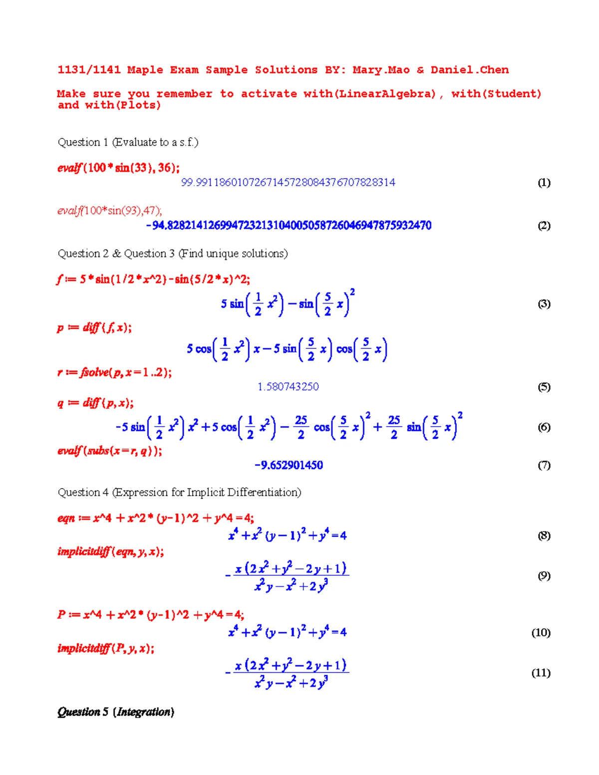 University of New South Wales MATH1231 Lab Test 1 (Practice Version ...