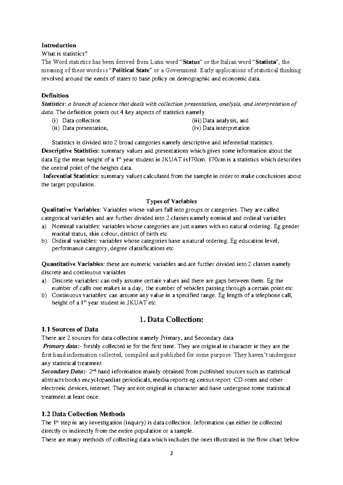 Statistics Notes (Course Code: STATS101) - Introduction to Key Concepts ...