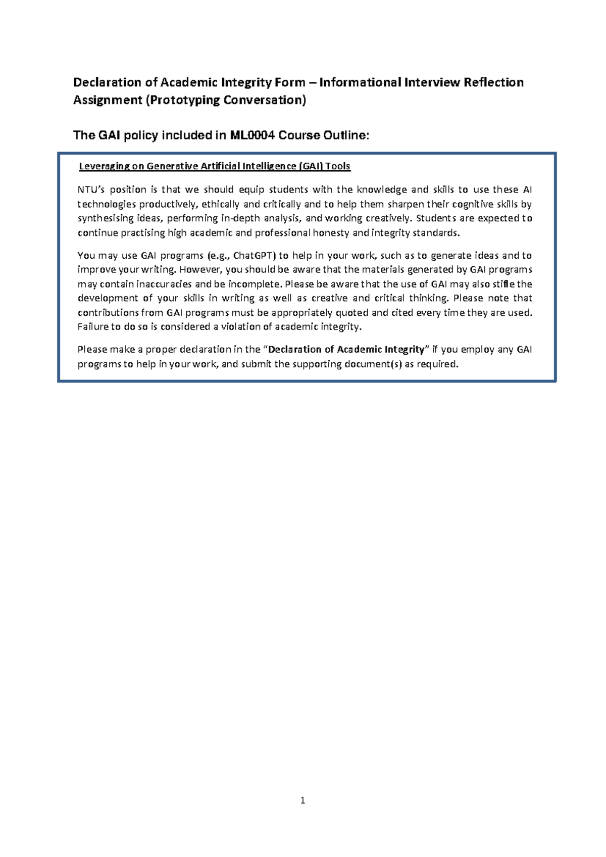 ML04 Informational Interview Reflection: Academic Integrity Declaration ...