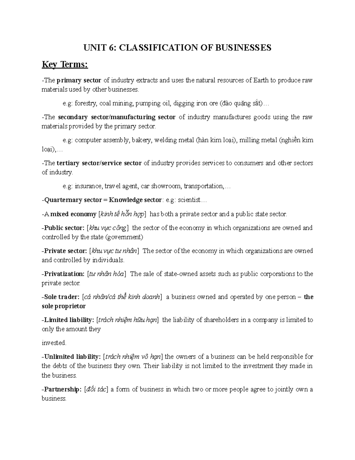 UNIT 6: CLASSIFICATION OF BUSINESSES - Key Terms and Concepts - Studocu