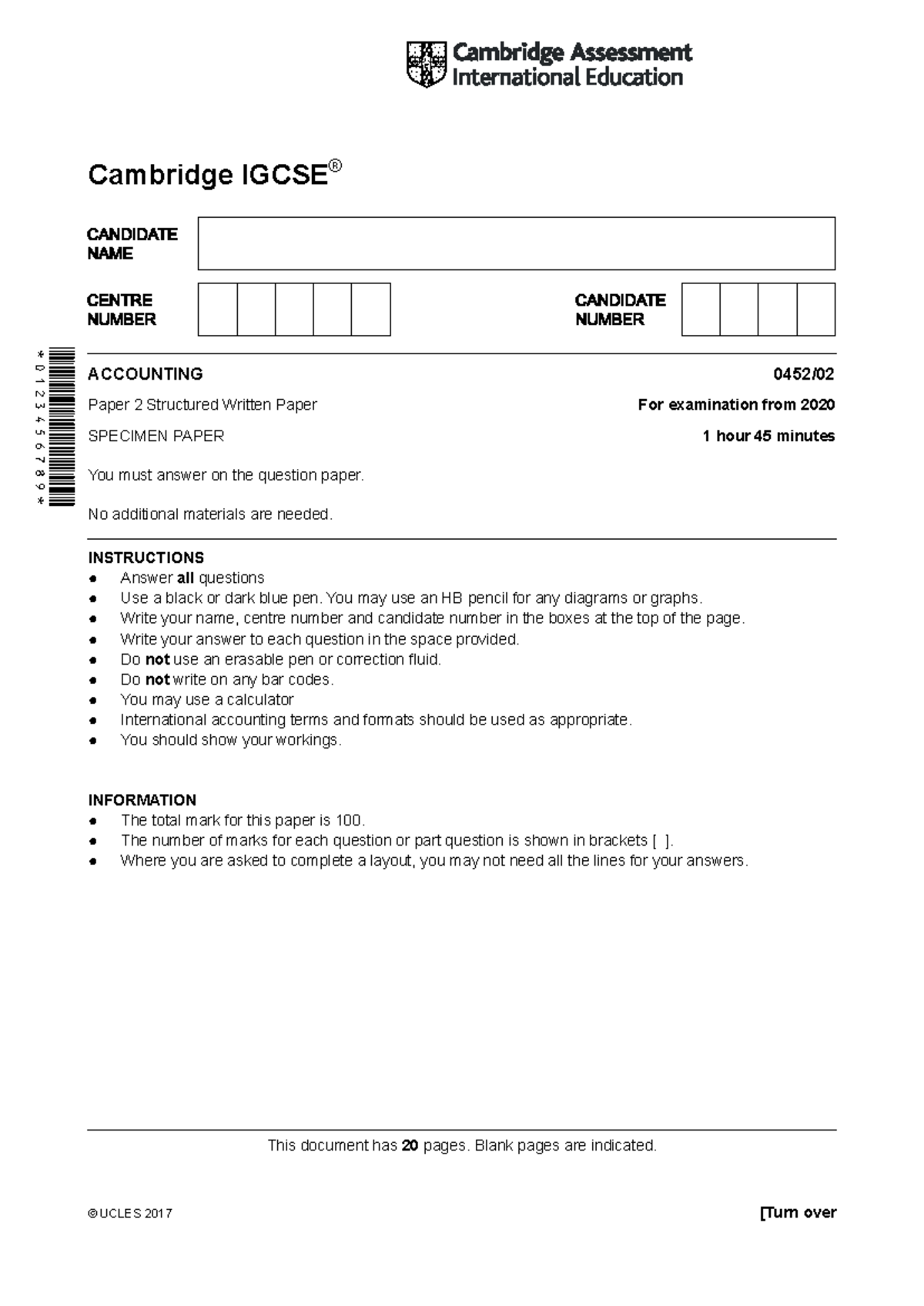 414620 2020 Specimen Paper 2: Cambridge IGCSE Accounting 0452 - Studocu