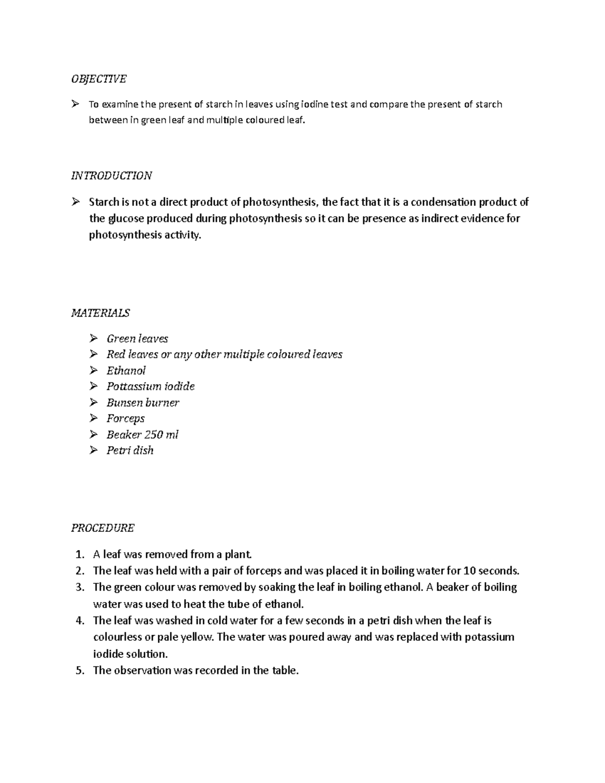 BIO EKSP 4 - LAB REPORT: Starch Presence in Green vs. Coloured Leaves ...