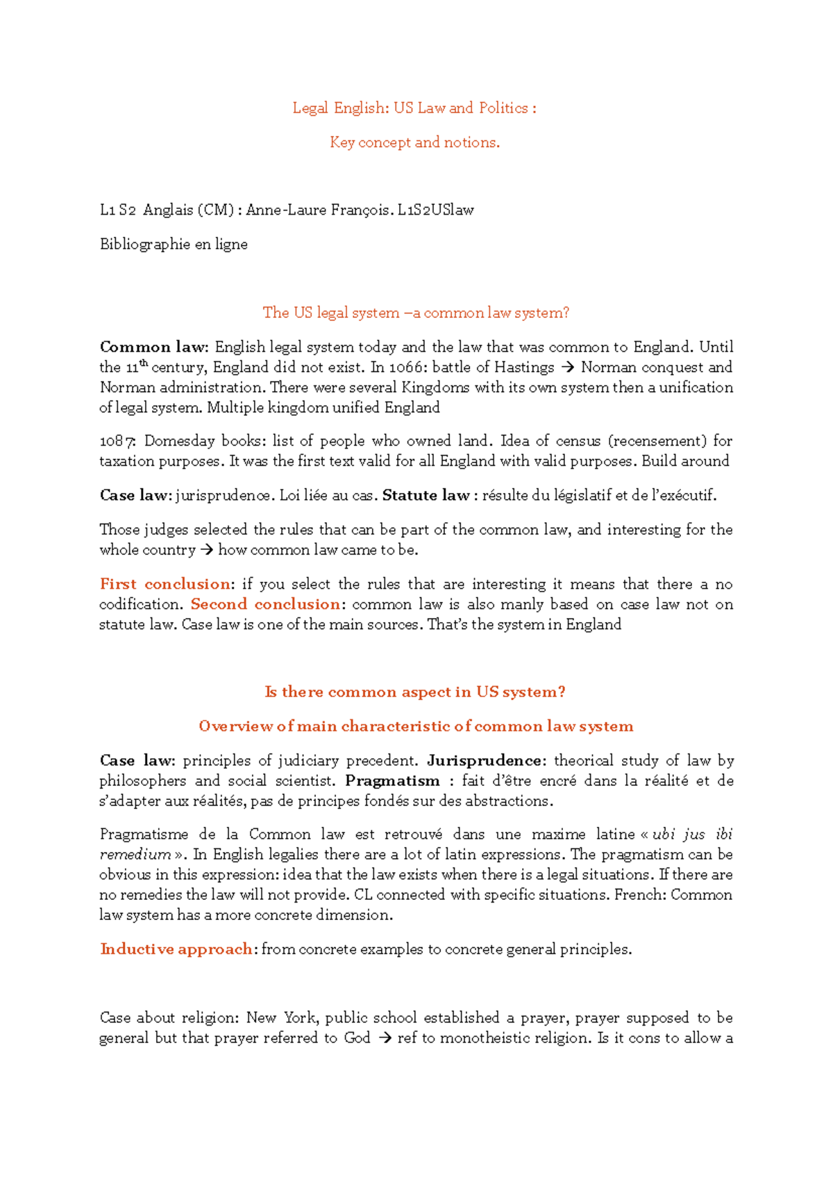 L1 S2 Anglais: Common Law in US Legal System - Key Concepts and Cases ...