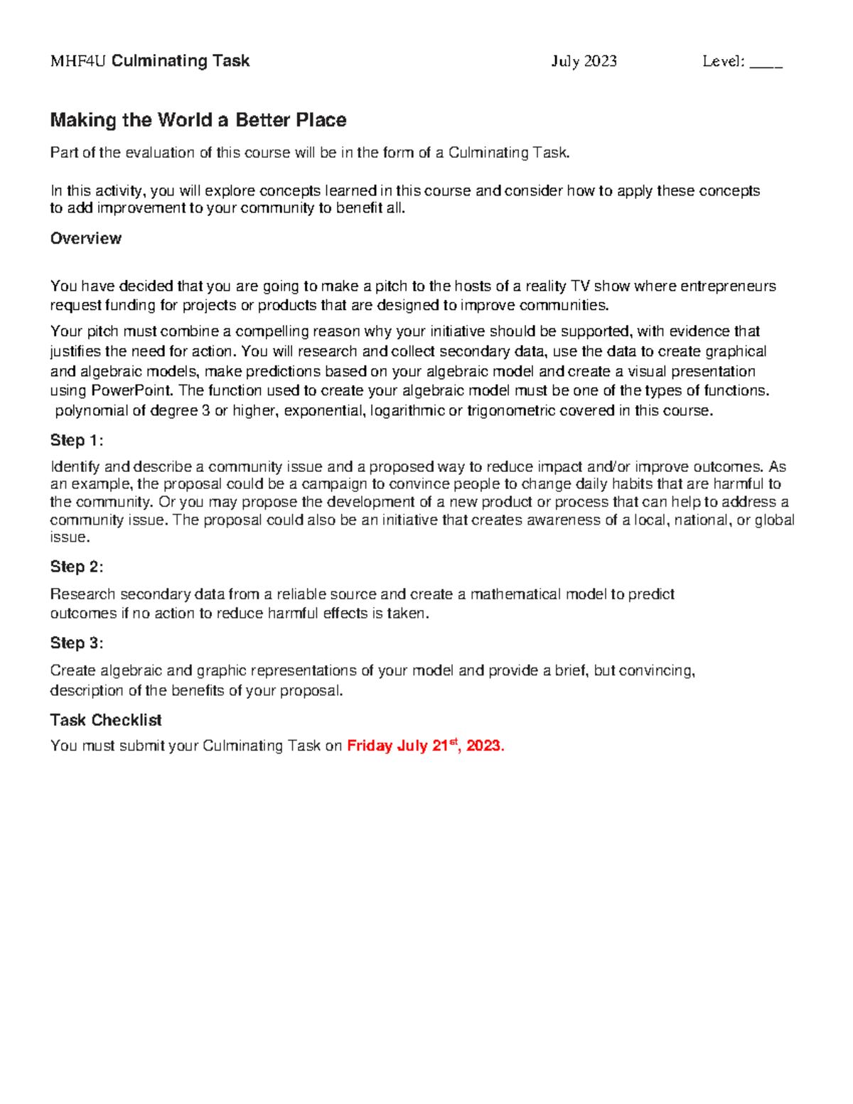 MHF4U Culminating Task: Community Improvement Project Proposal - Studocu