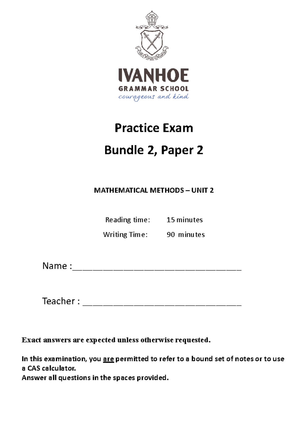 Bundle 2 - Paper 2 - Sem 2 Practice Exam Solutions for Mathematical ...