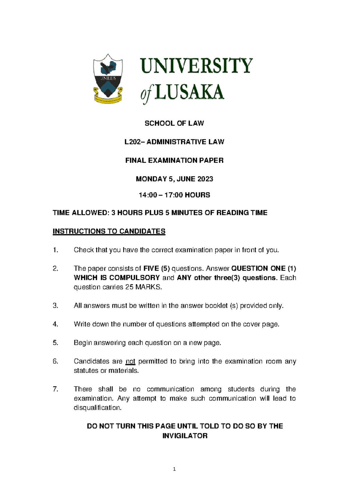 L202 ADMINISTRATIVE LAW FINAL EXAMINATION PAPER JUNE 2023 - Studocu