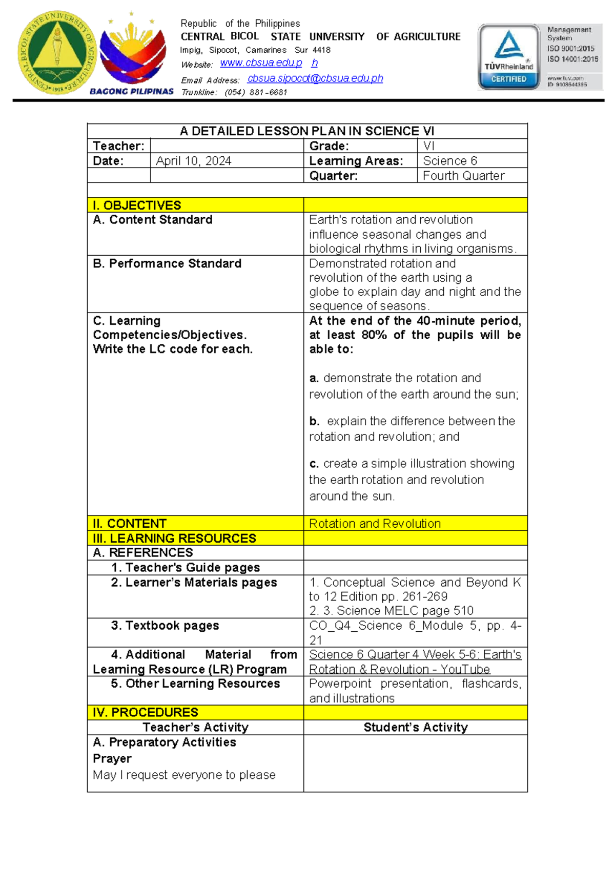 5E's Detailed Lesson Plan: Earth's Rotation & Revolution (Science VI ...