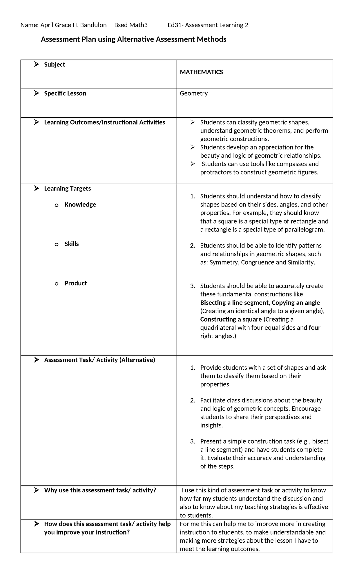 Ed31 Activity Alternative Assessment Plan For Geometry Learning