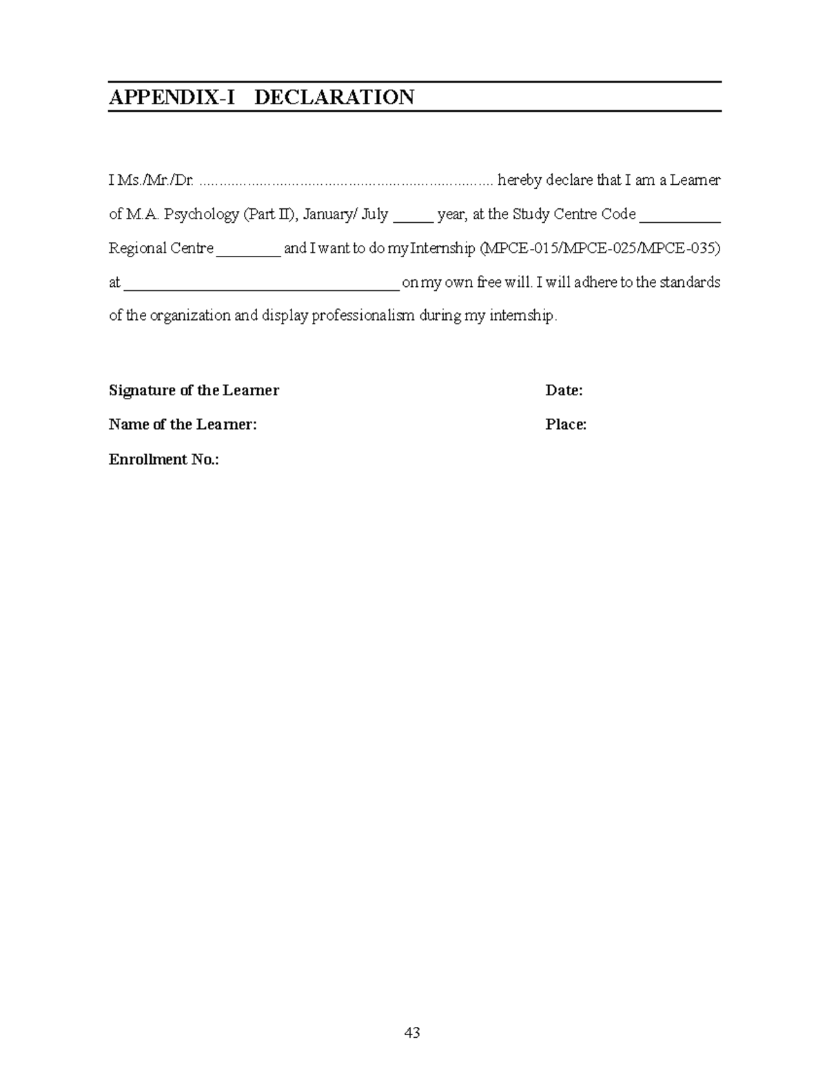 MPCE-25 removed - pages to attest - APPENDIX-I DECLARATION I Ms./Mr./Dr ...