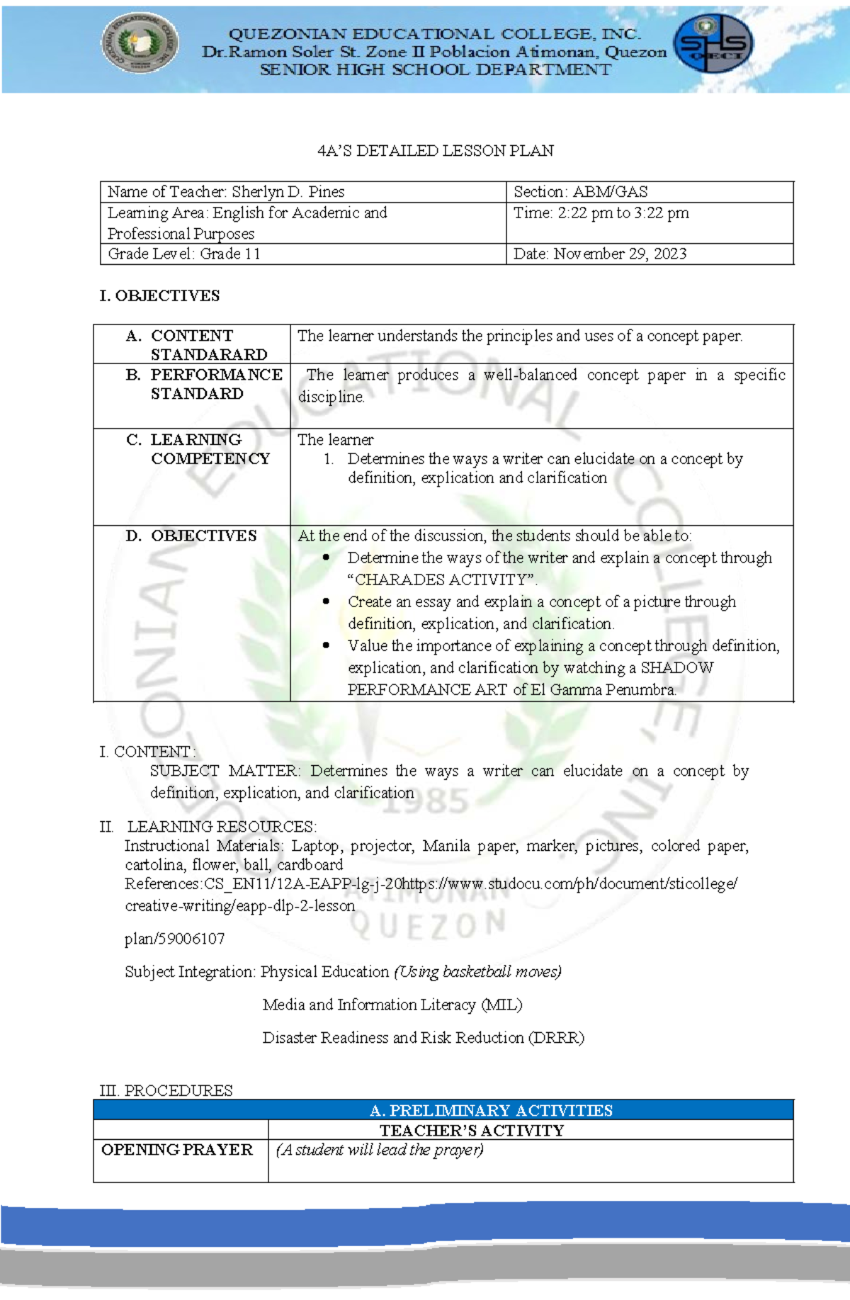 EAPP 11 Detailed Lesson Plan: Concept Paper Elucidation Techniques ...
