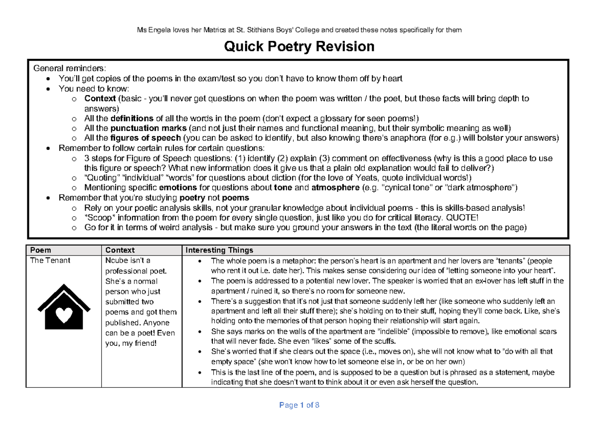 Quick Poetry Revision Notes for Ms Engela's Matrics (2023) - Studocu