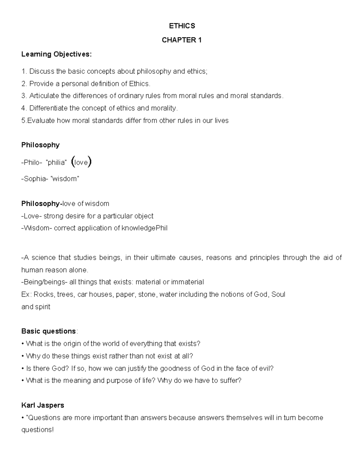 ETHICS 101: Key Concepts and Learning Objectives in Chapter 1 - Studocu