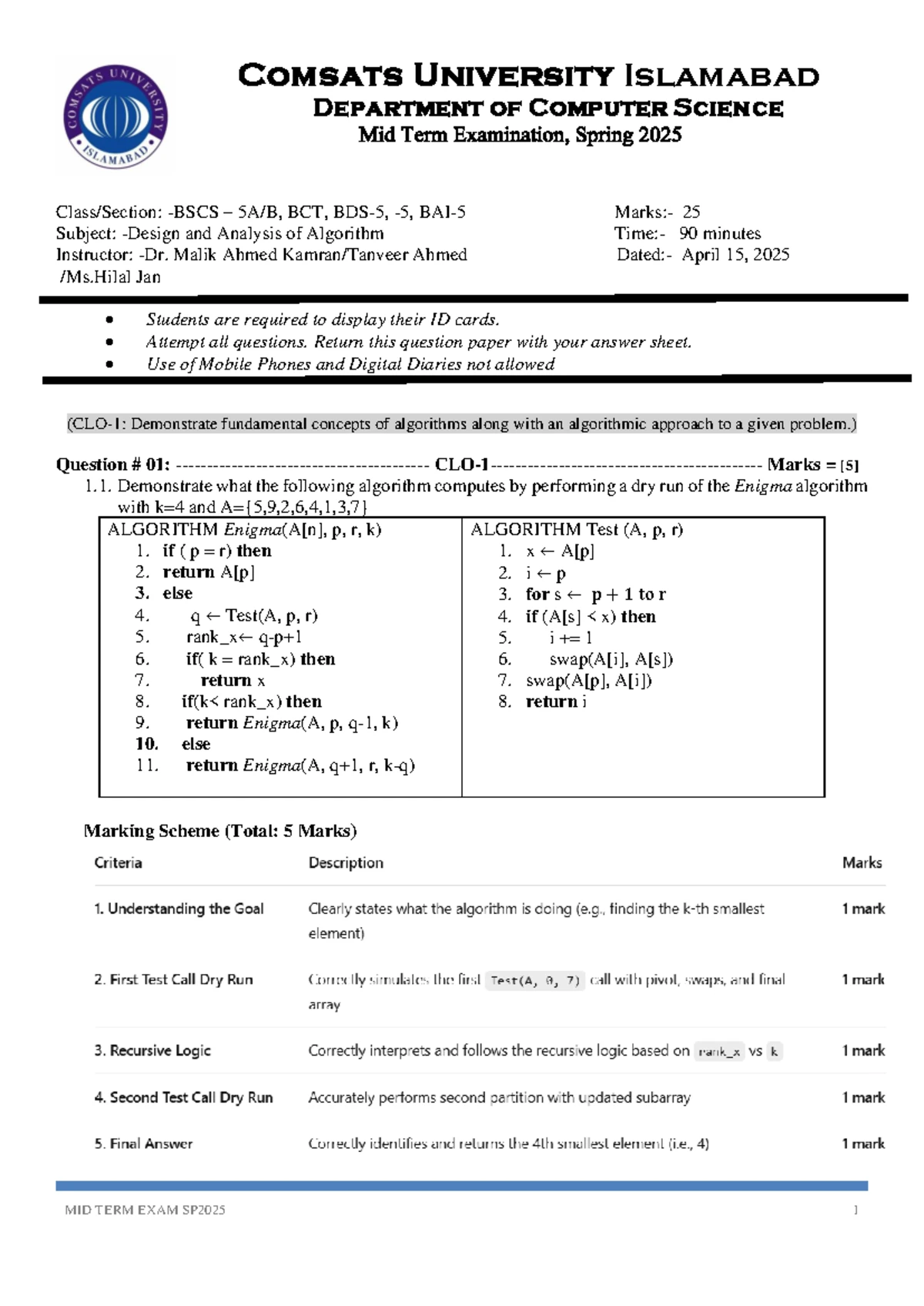 DAA Final Exam - CSC301 Analysis of Algorithms - January 2023 - Studocu