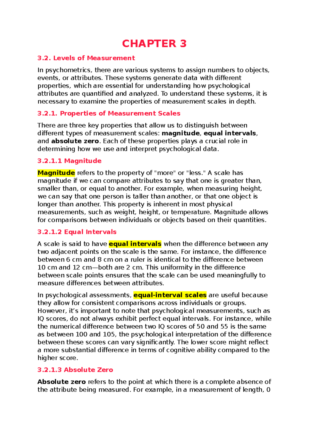 CHAPTER 3 Study Notes: Levels of Measurement in Psychometrics - Studocu