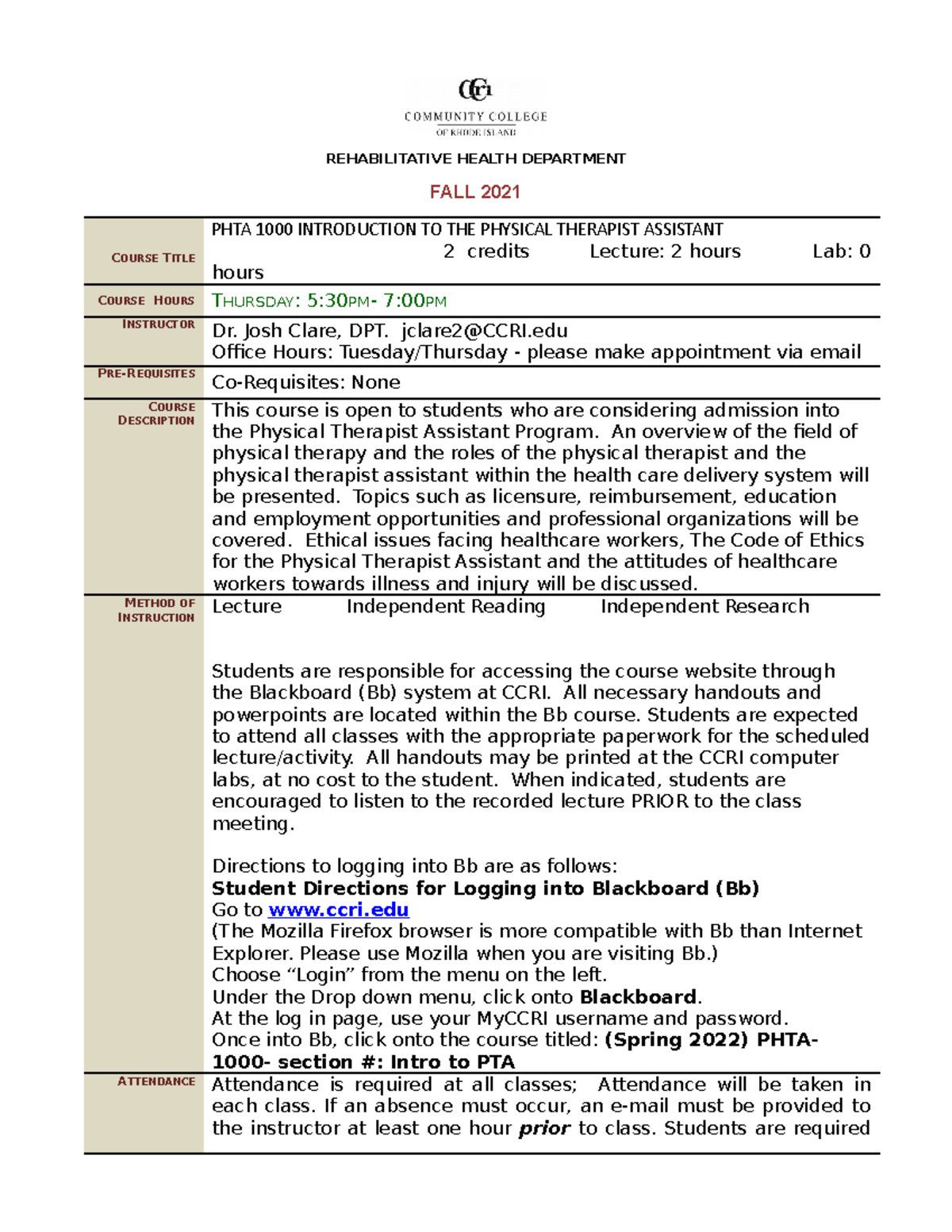 PHTA 1000 Course Outline & Important Info for Intro to PTA - Studocu