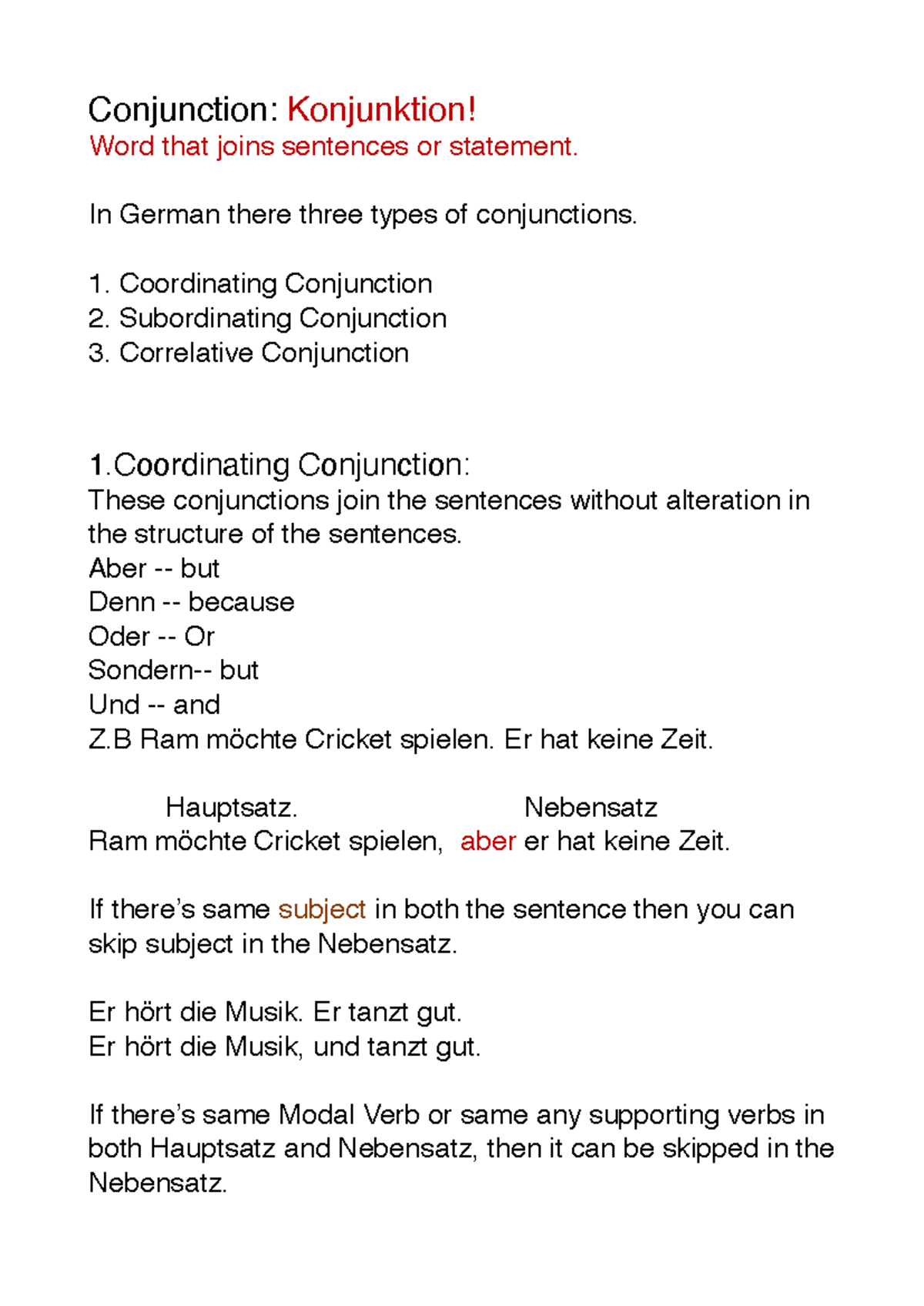 Conjunctions in German: Types and Usage (GER 101) - Studocu