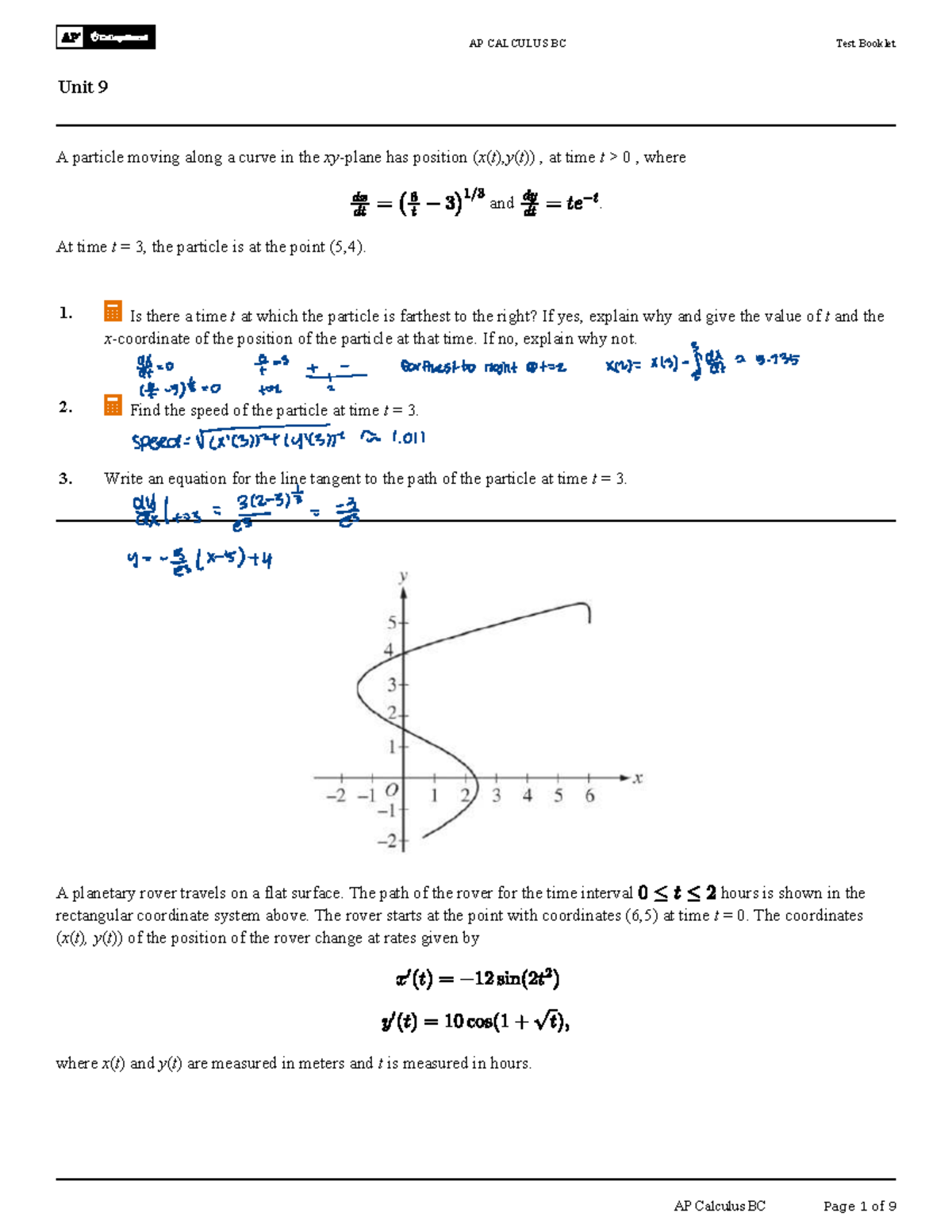 AP CALCULUS BC Unit 9 Parametric Problems Practice Test - Studocu