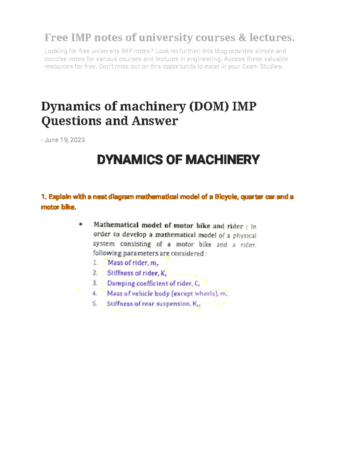 Dynamics of Machinery (DOM) IMP Study Notes and Q&A - Studocu