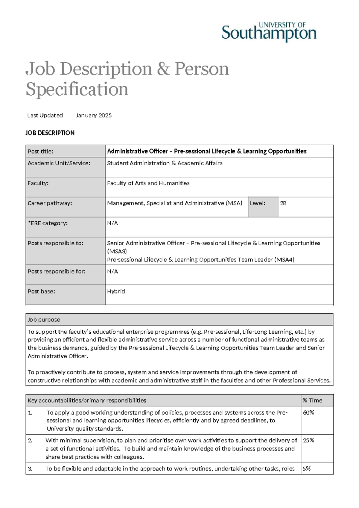 Job Description & Person Specification: Admin Officer L2B - Life Cycle ...