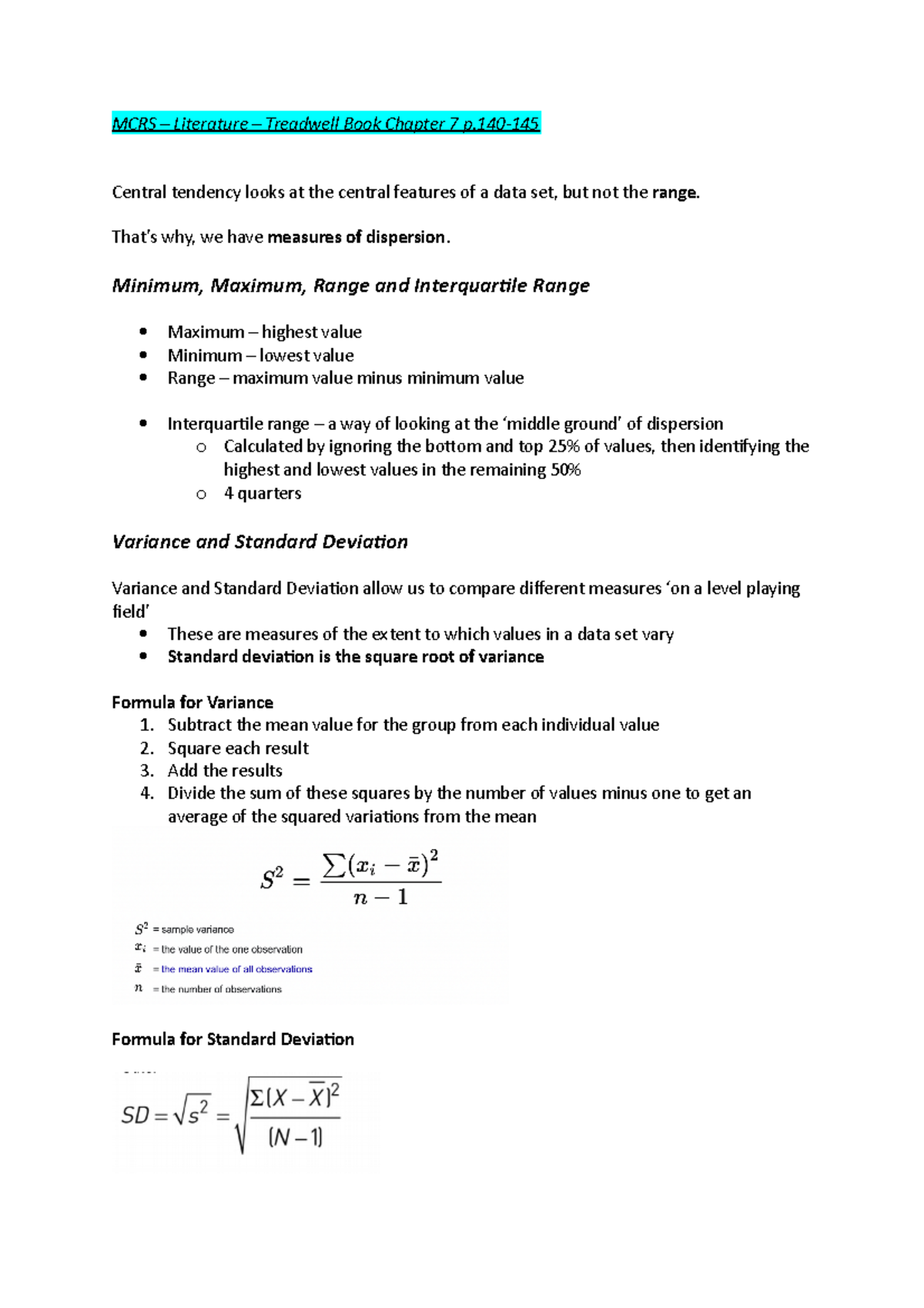 MCRS-Week 4 Notes: Central Tendency & Dispersion Measures - Studeersnel