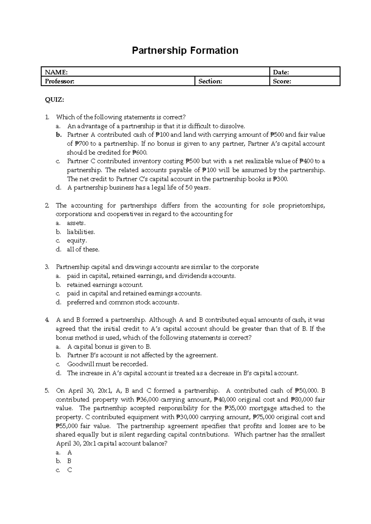 PF Quiz: Partnership Formation Insights and Key Concepts - Studocu