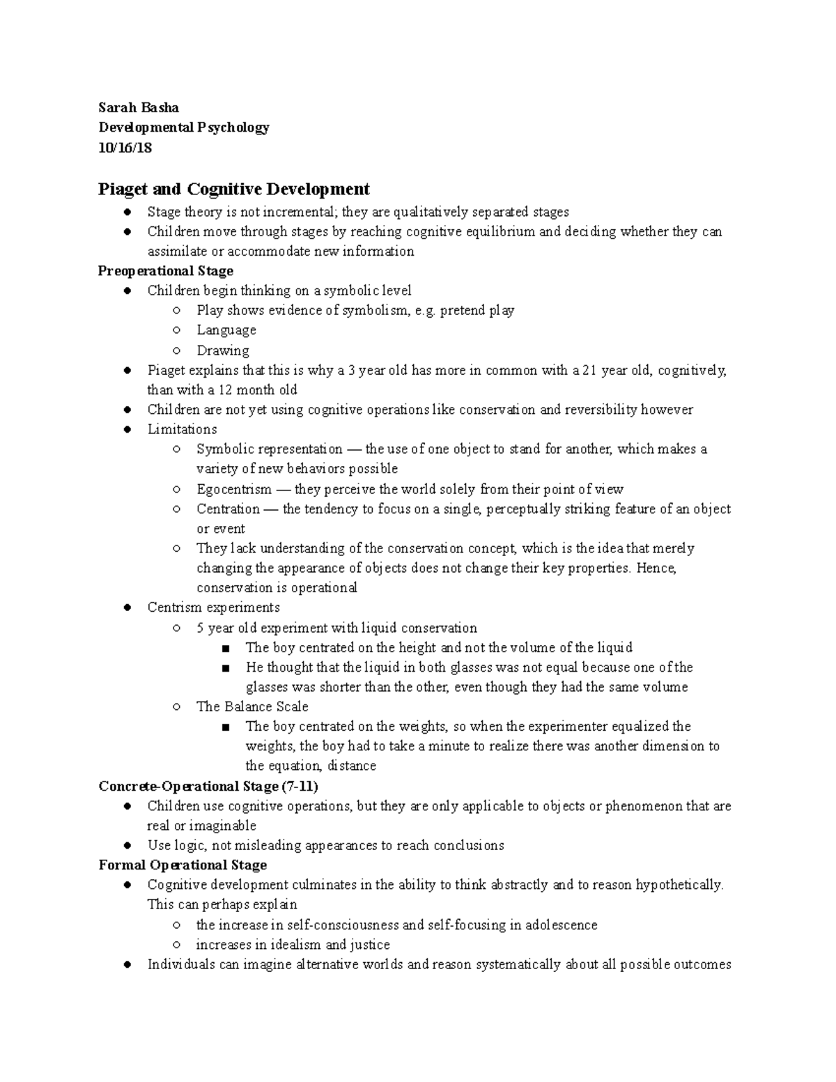 Tottenham-Psych 210: Piaget's Stages of Cognitive Development Notes ...