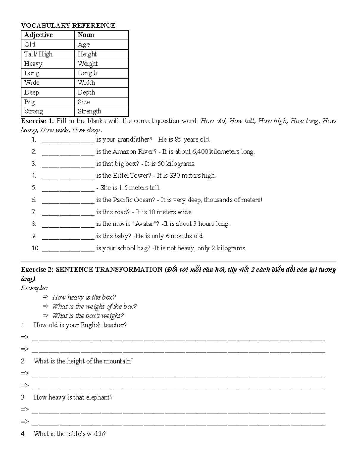 Questions with How - Vocabulary Reference for Adjectives and Nouns ...