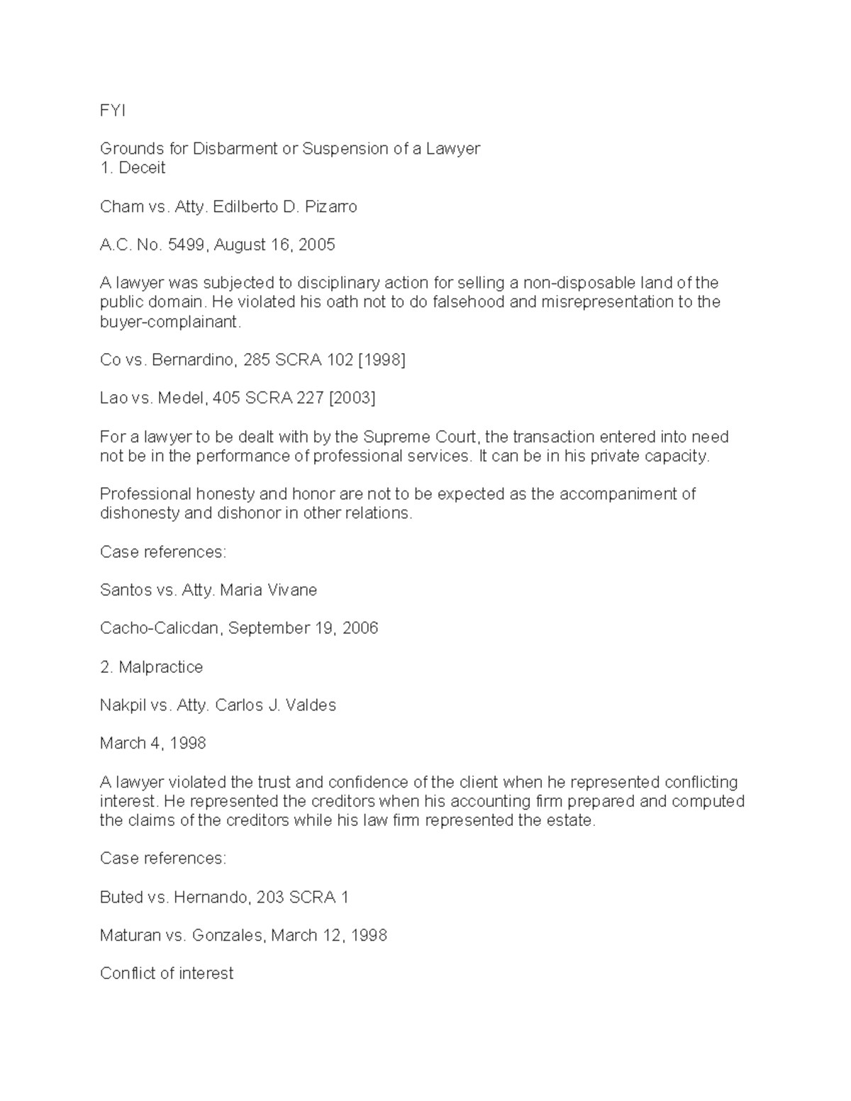 FYI: Grounds for Disbarment or Suspension of Lawyers (A.C. No. 5499 ...