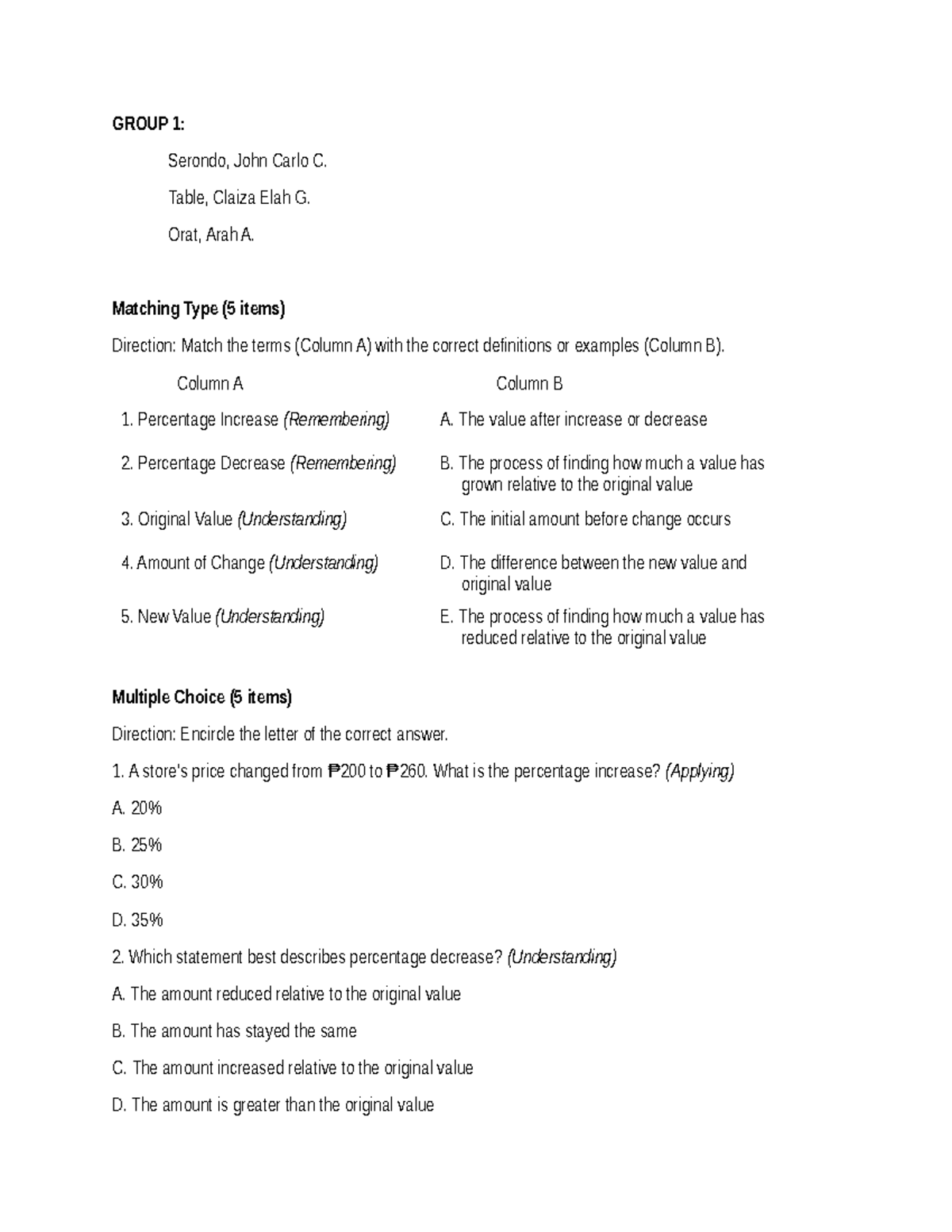 Group 1: Assessment Questions on Percentage Increase & Decrease - Studocu