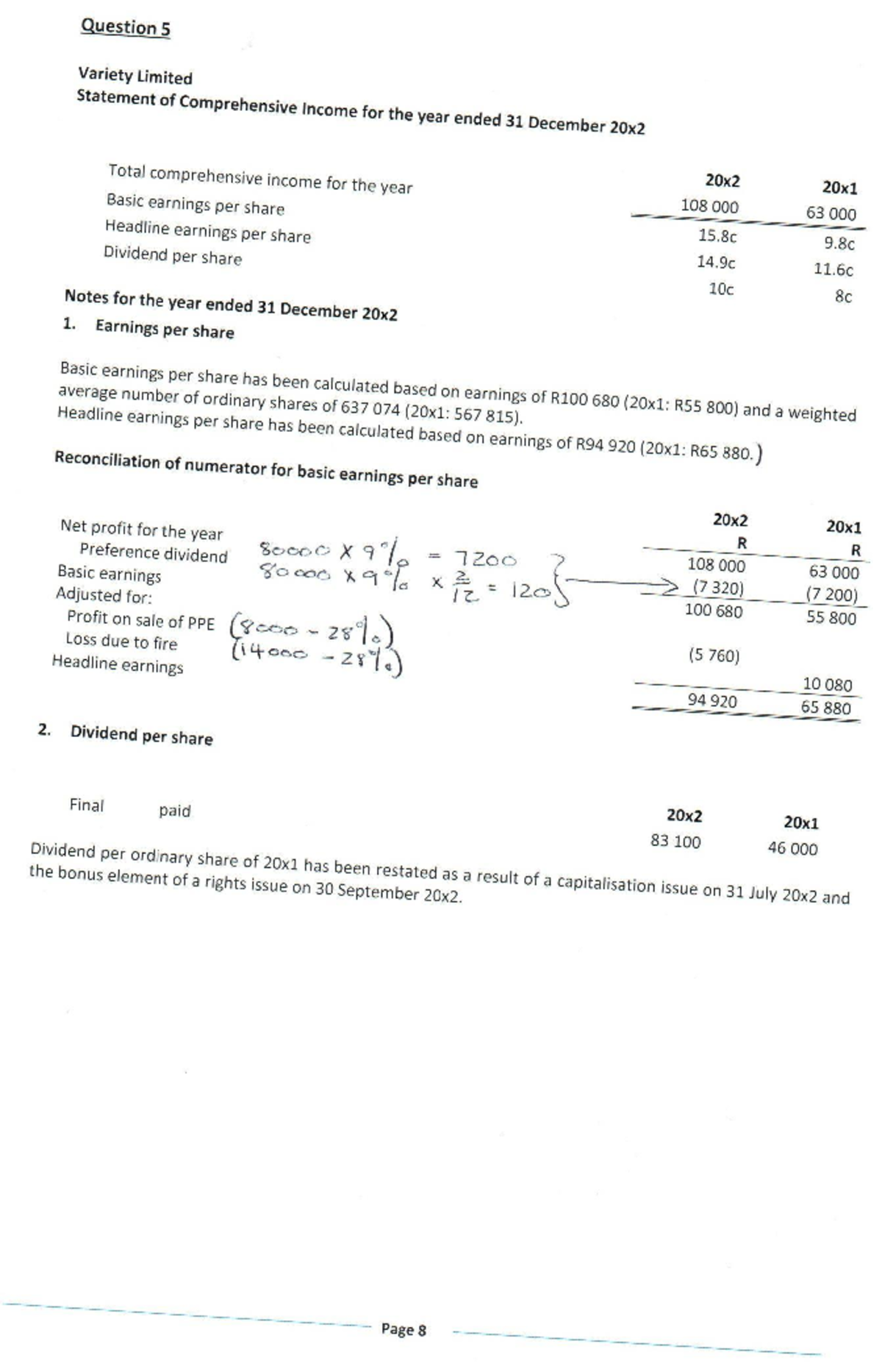 EPS Q5 Solution - Comprehensive Income Notes for Year Ended 20x2 - Studocu