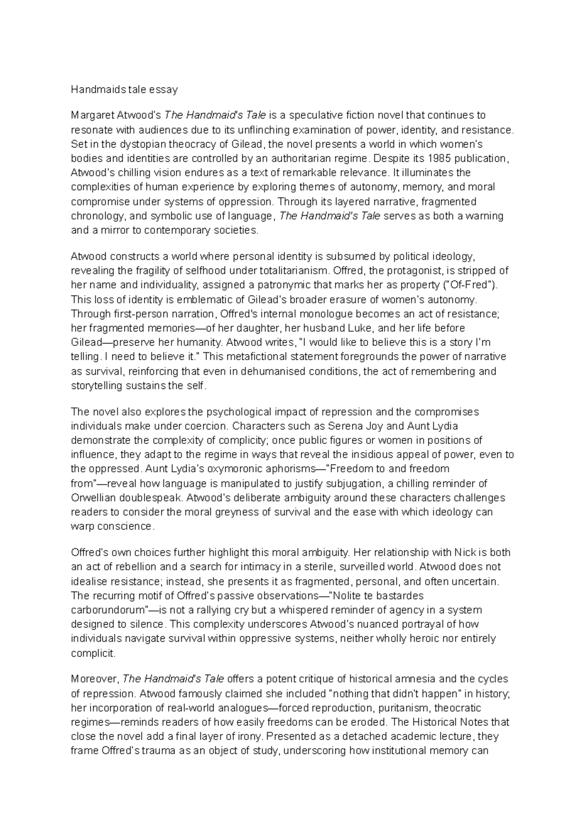 ENG 101: Essay on The Handmaid's Tale - Power, Identity, and Resistance ...