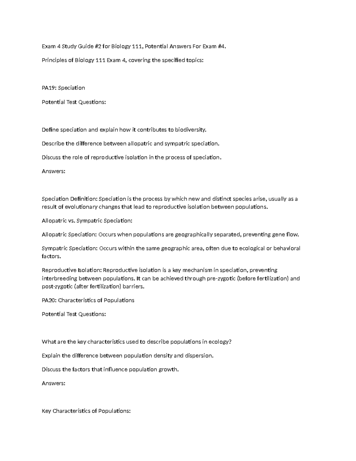Biology 111 Exam 4 Study Guide #2: Key Concepts & Potential Answers ...