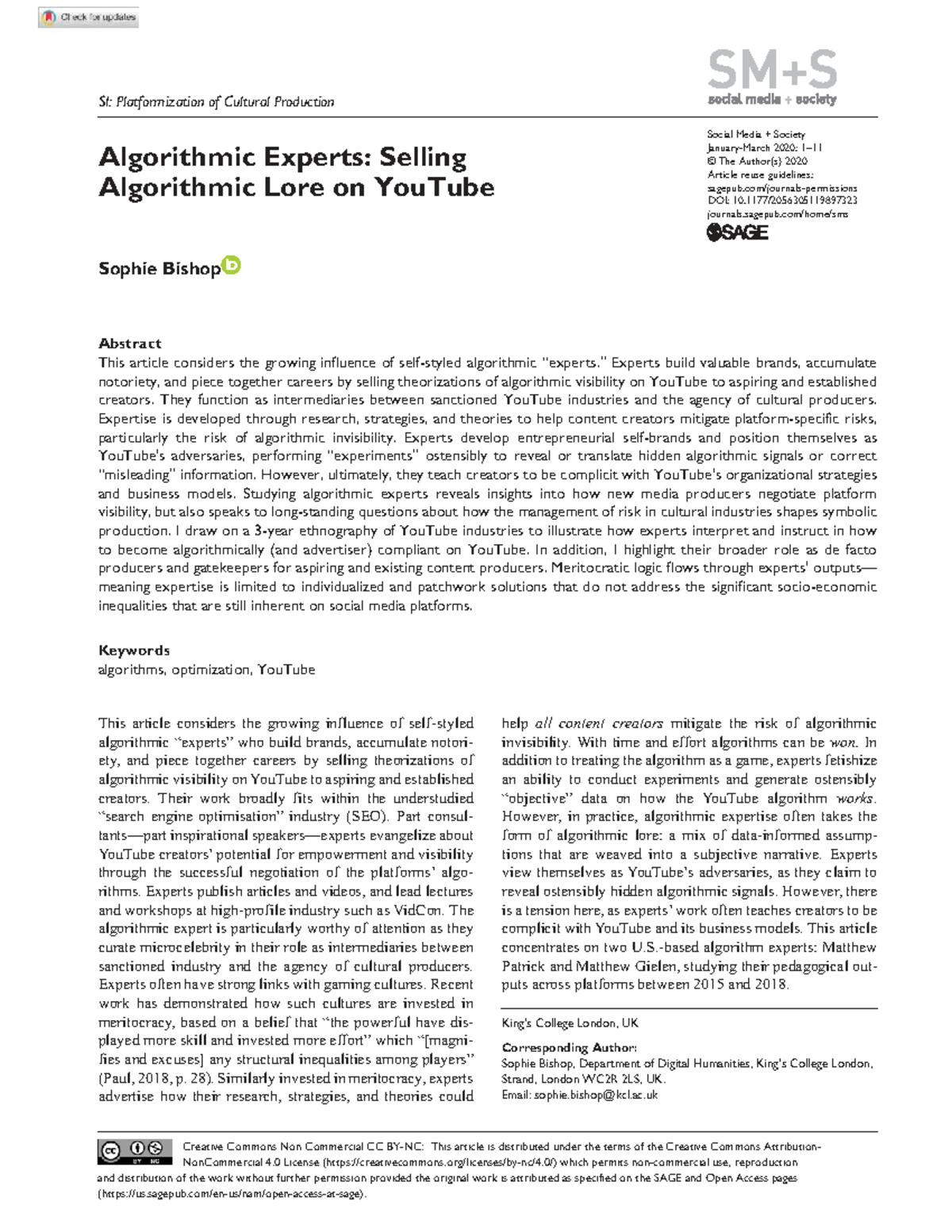 897323 Media Society: Algorithmic Experts and Cultural Production on ...