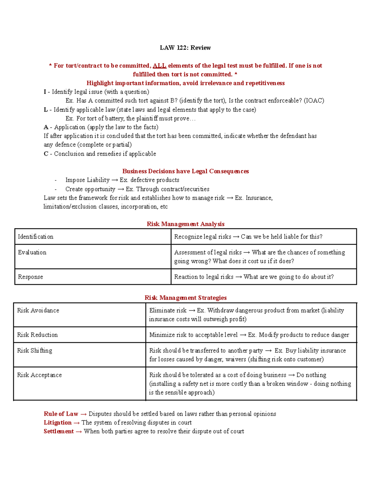 LAW 122: Comprehensive Review of Tort Law Elements and Applications ...