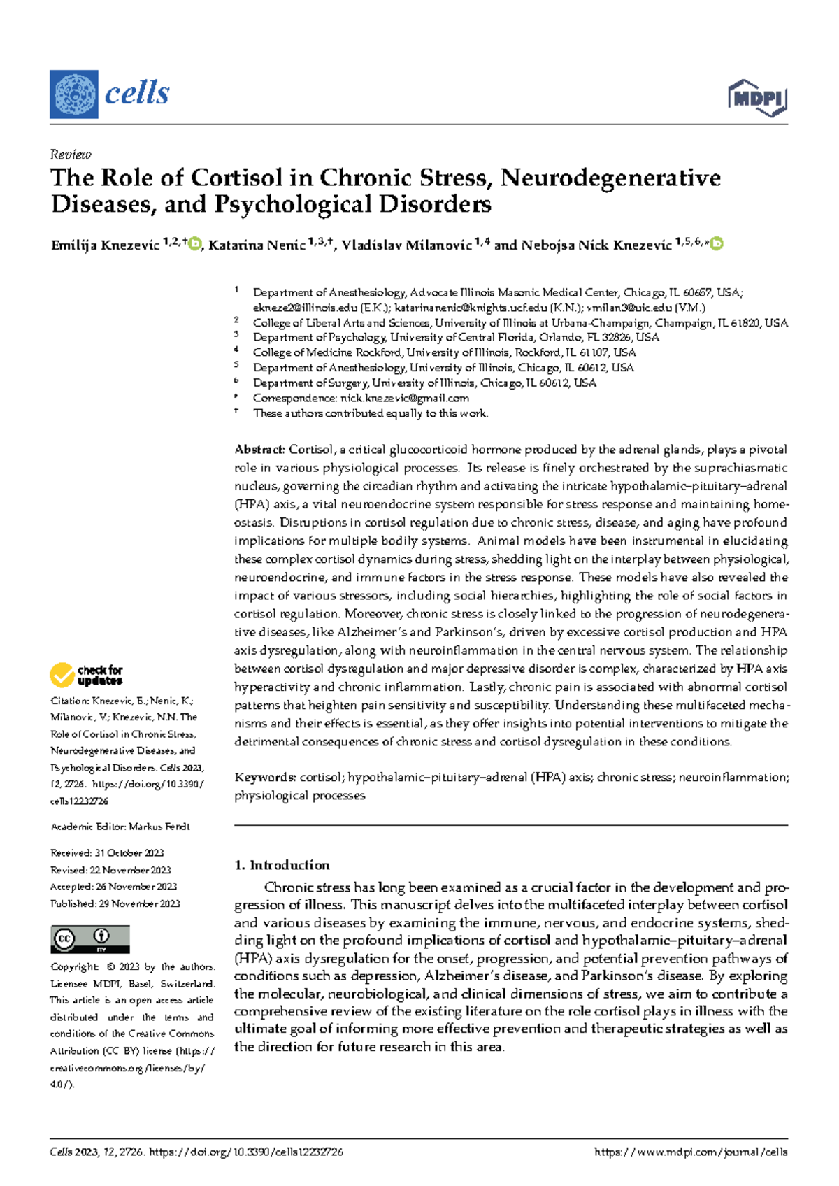 Cells 2023: The Impact of Cortisol on Chronic Stress and ...