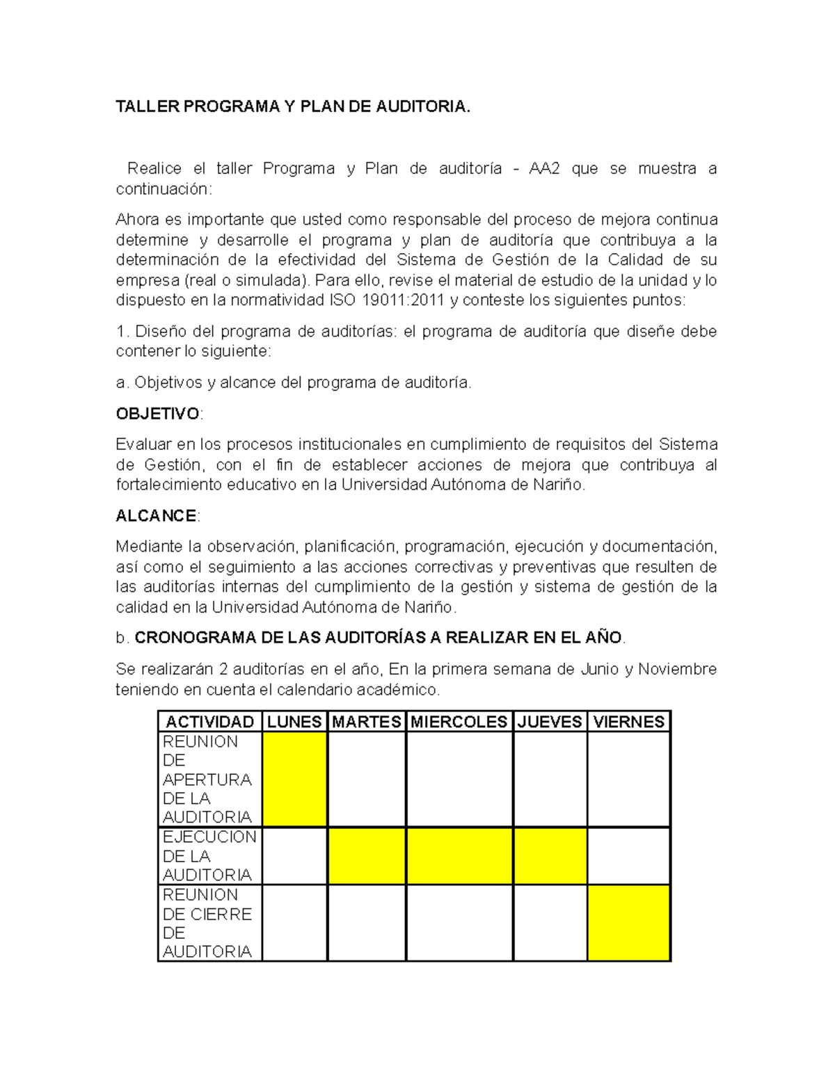 Taller AA2: Diseño del Programa y Plan de Auditorías en Calidad - Studocu