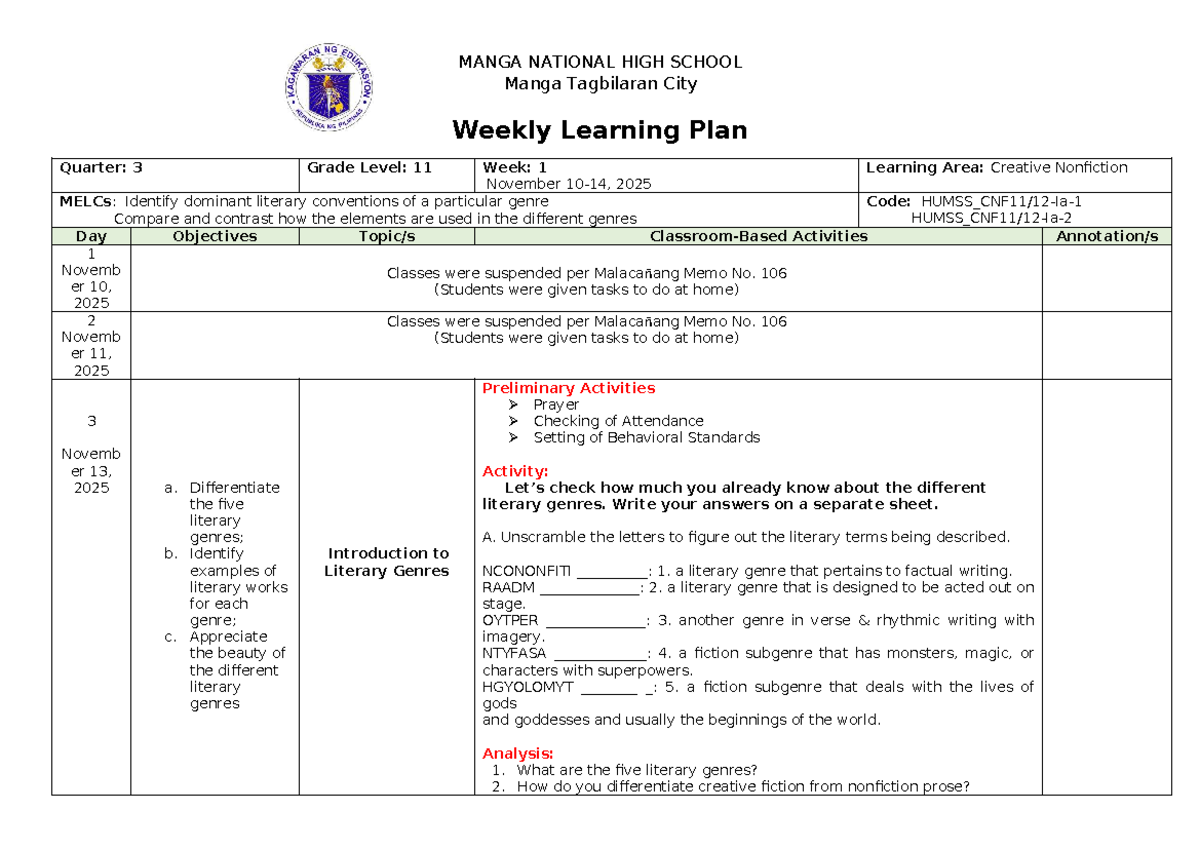 Q1 W1 - Weekly Learning Plan in Creative Nonfiction (Grade 11) - Studocu