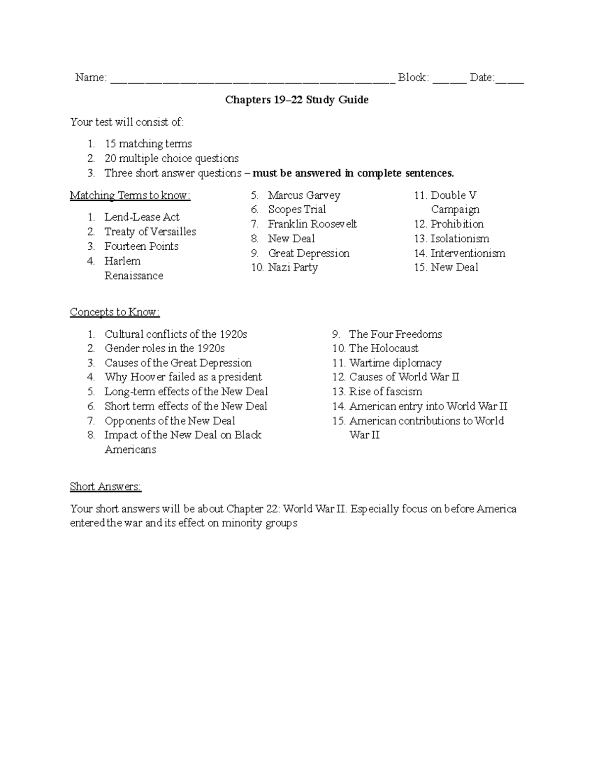 Chapters 19-22 Study Guide for History 101: Key Concepts & Terms - Studocu