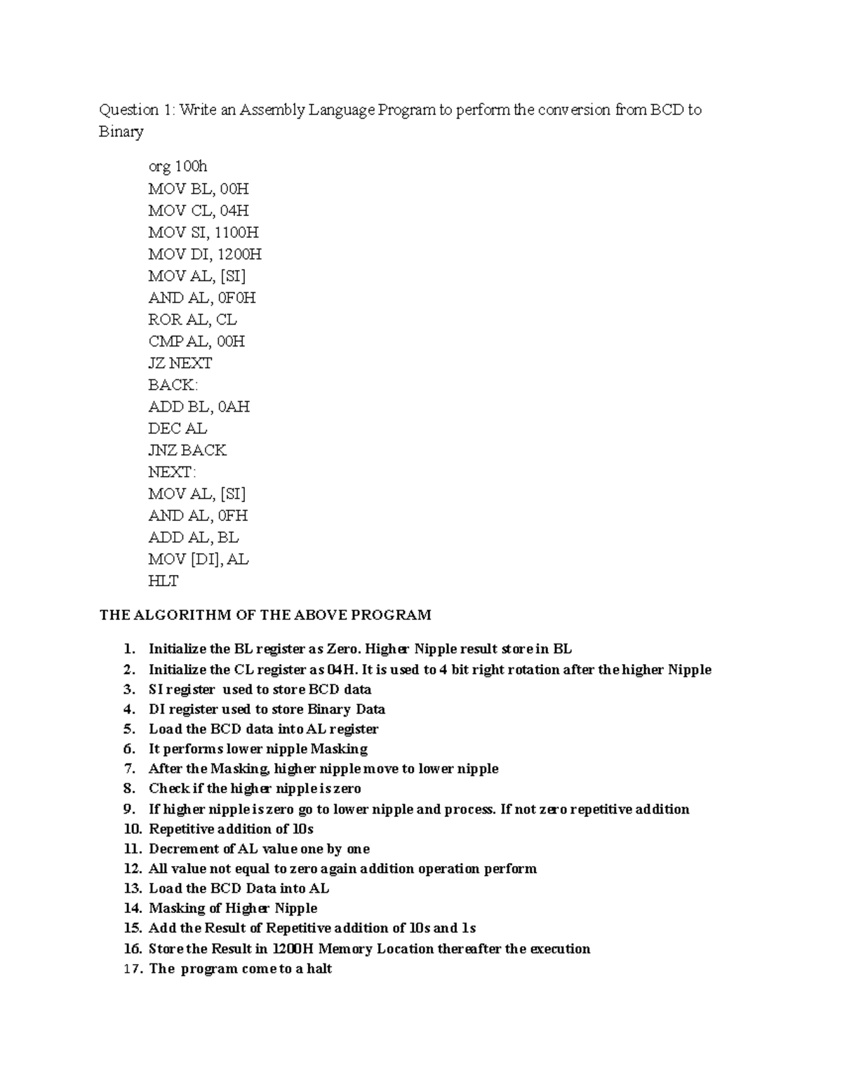 Assembly Language Assignment: BCD to Binary Conversion Program - Studocu