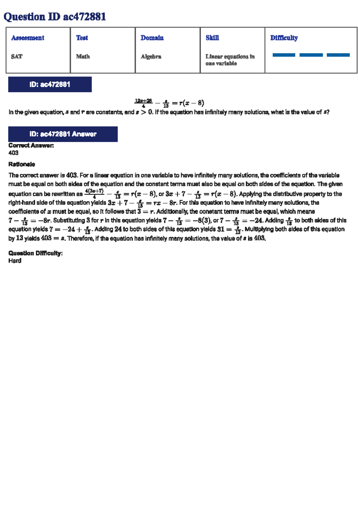 SAT Math Assessment Test: Linear Equations and Functions - Studocu