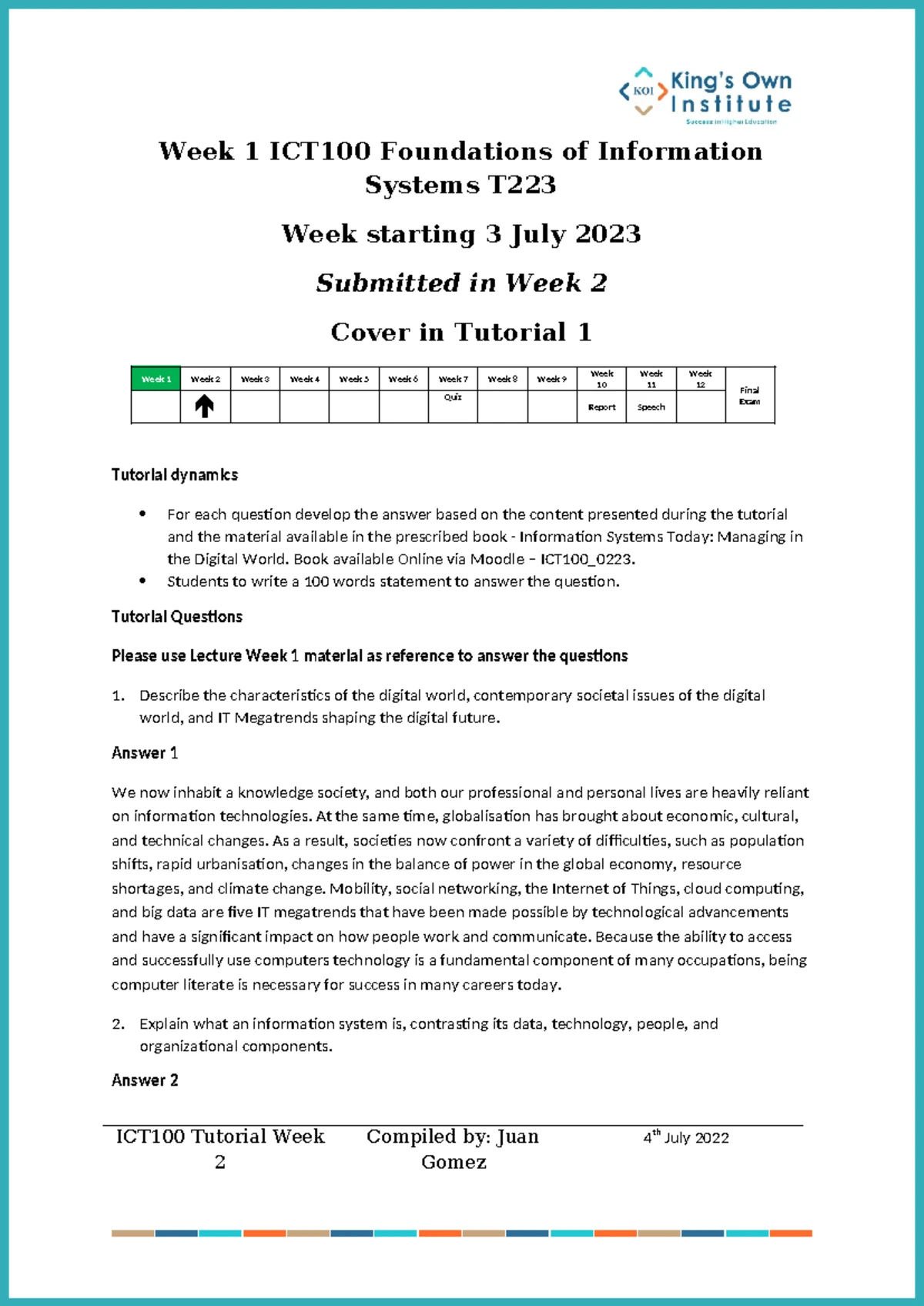 ICT100 Week 2 Tutorial: Information Systems & Business Models ...
