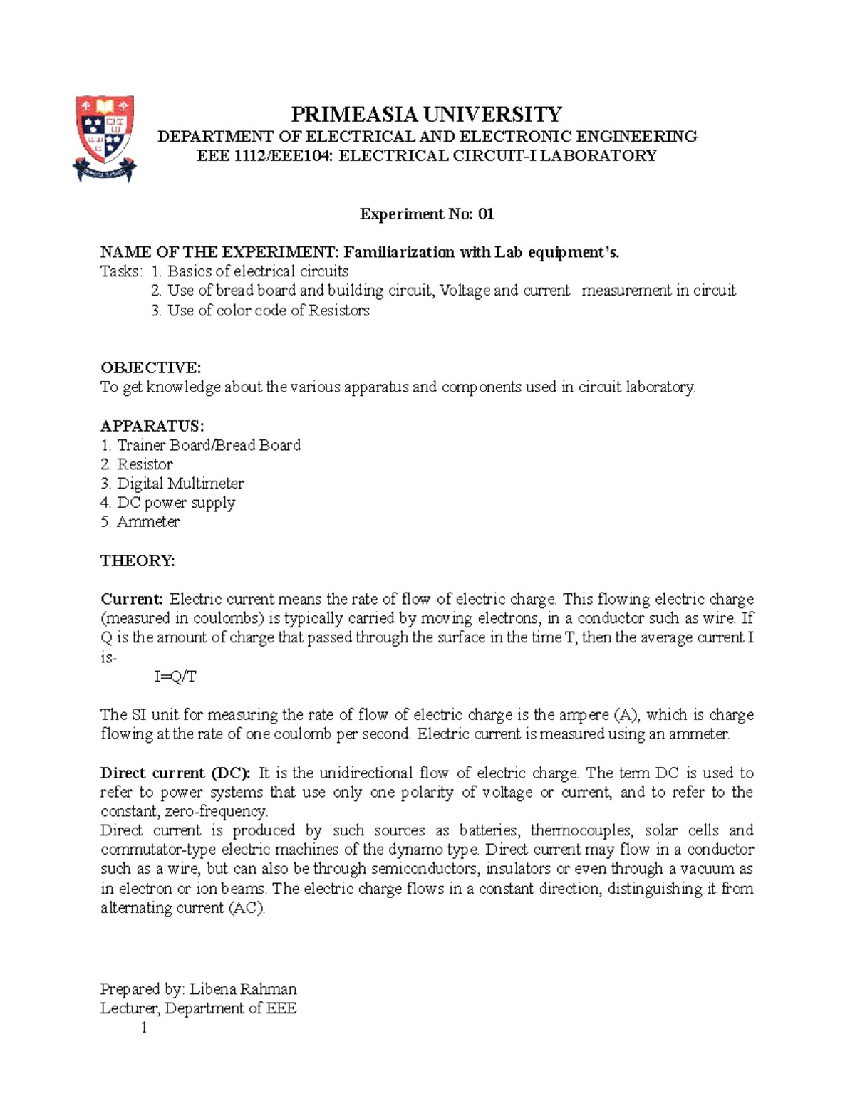 Experiment No 01 - EEE 1112/EEE 104 - Circuit Lab Report - Studocu