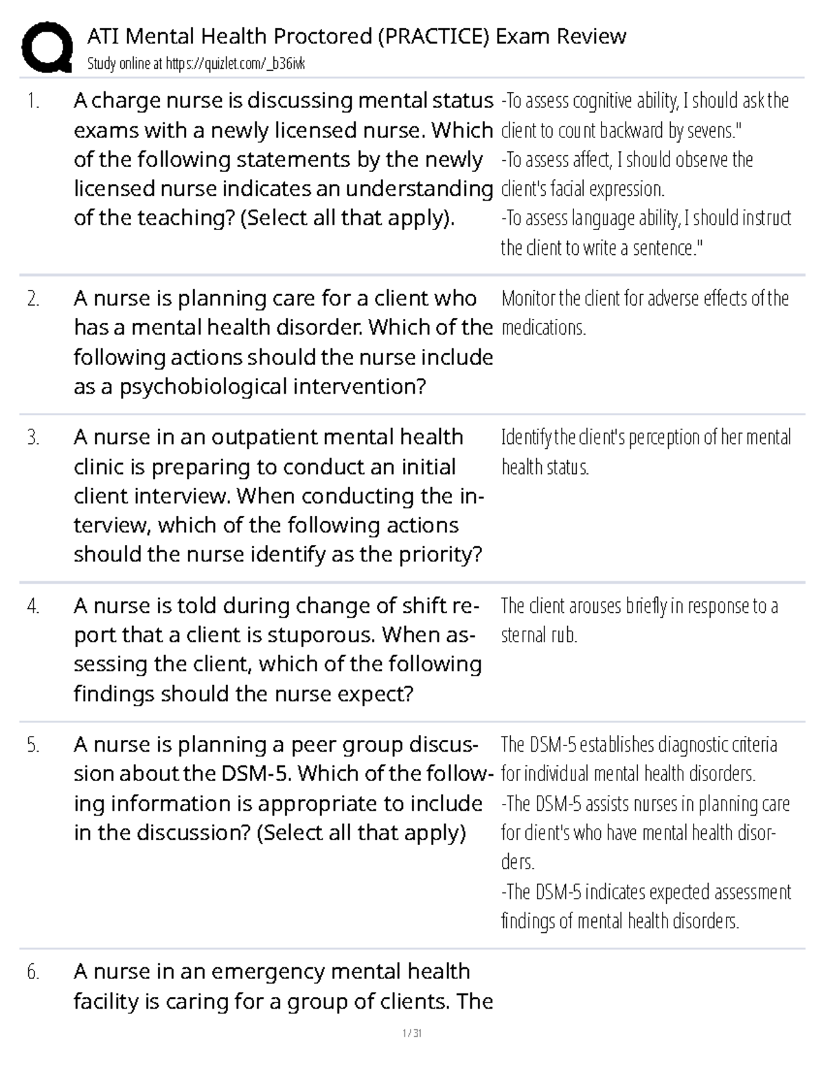 ATI Mental Health Proctored (PRACTICE) Exam Review Study Guide - Studocu