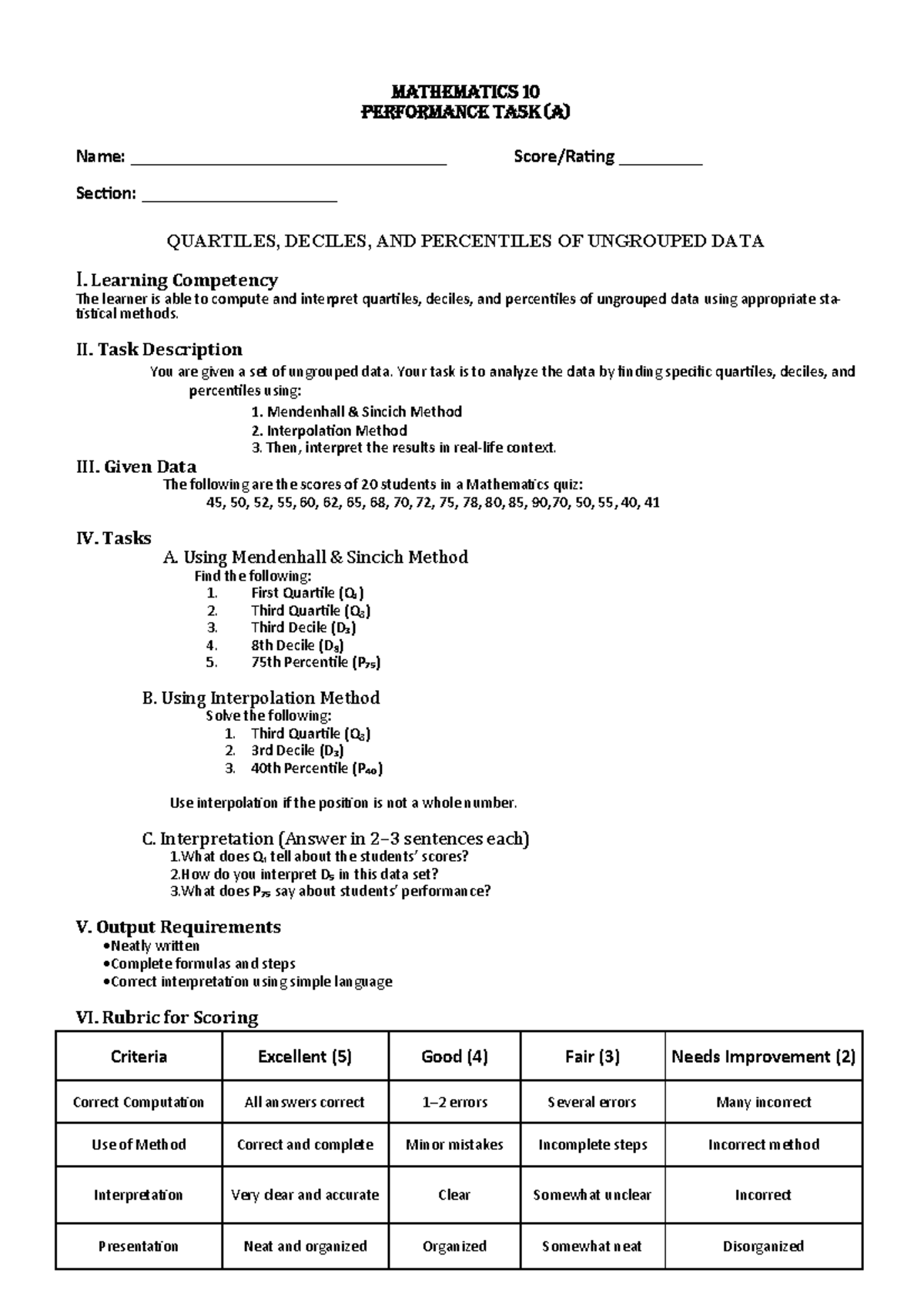 MATHEMATICS 10 Performance Task: Quartiles, Deciles & Percentiles ...