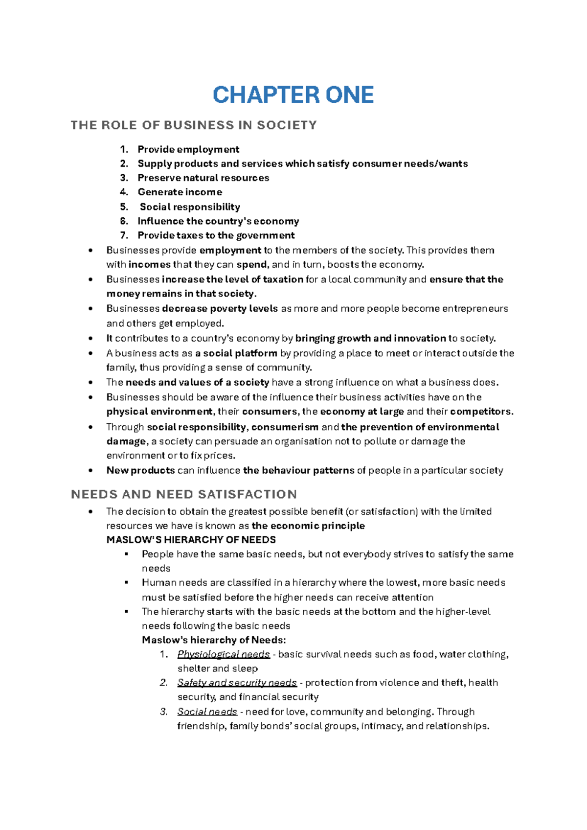 BUS 101: Chapter 1 - The Role of Business in Society and Needs - Studocu